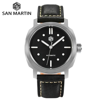 San Martin 40 мм Простые классические винтажные водонепроницаемые механические часы YN55 на 10 бар, черный циферблат, высококачественная кожа