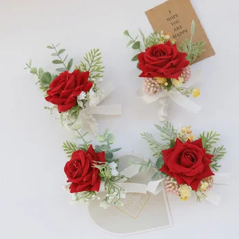 Бутоньерки и корсажи для запястий Свадебные принадлежности Гости банкета Имитация цветов Жених и невеста Ручные цветы Красный 520