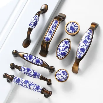 1 шт. Модная креативная синяя керамическая мебельная ручка, бронзовый выдвижной ящик для шкафа, античная латунь, белый и синий фарфор