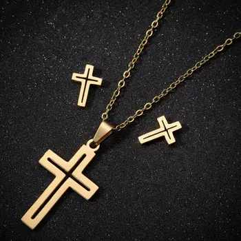 Yiustar Минималистичная мода Серьги-ожерелья с геометрическим крестом из нержавеющей стали, полый крест, ювелирные наборы Иисуса для мужчин