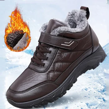 Мужские ботинки, водонепроницаемые Зимние ботинки, Теплая меховая зимняя мужская обувь, плюшевые ботильоны, нескользящие мужские ботинки из искусственной кожи